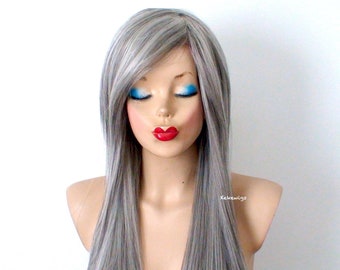 Gray wig. 28" Straight layered hair side bangs wig. Heat friendly synthetic hair wig.