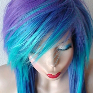 Scene wig. Purple teal ombre wig. Straight layered hair side bangs wig. Heat Frindly synthetic hair wig. image 3