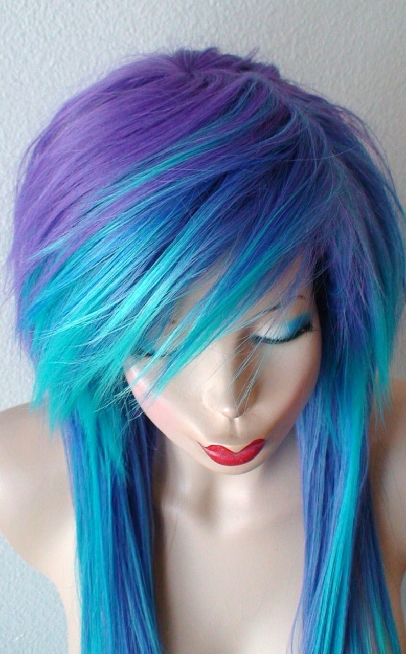 Scene wig. Purple teal ombre wig. Straight layered hair side bangs wig. Heat Frindly synthetic hair wig. image 3