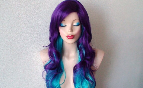 Deep Purple Teal Blue Ombre Wig Long Curly Hair Purple Blue Etsy