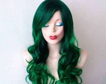 Irish Green Ombre wig. 26" Curly hair side bangs wig. Heat friendly synthetic hair wig.