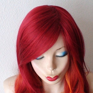 Wine red / Ginger Orange Ombre wig. 26 Curly hair side bangs wig. Heat friendly synthetic hair wig. image 3