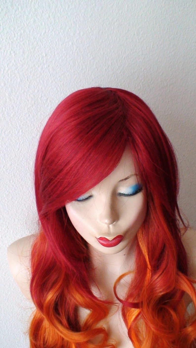 Wine red / Ginger Orange Ombre wig. 26 Curly hair side bangs wig. Heat friendly synthetic hair wig. image 3