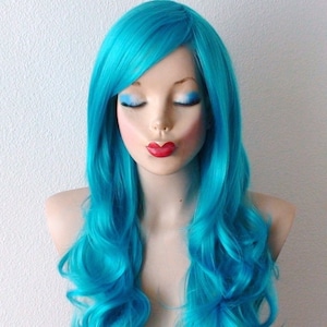 Teal Blue wig. 26&quot; Curly hair side bangs wig.  Heat friendly synthetic hair wig.