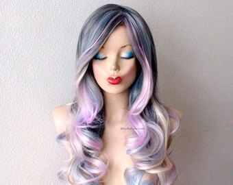 Grey Lavender Ombre wig. 26" Curly hair side bangs wig. Heat friendly synthetic hair wig.