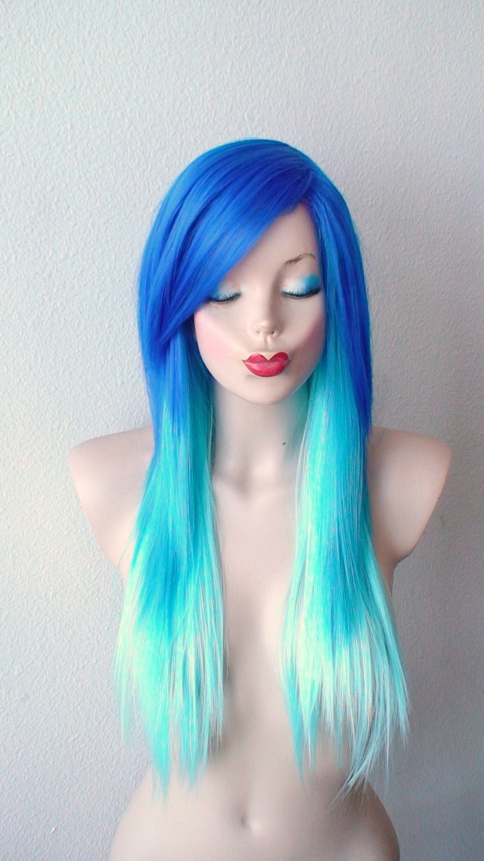 Blue wig. Ombre wig. Electric blue/ Teal /Mint wig. Long Etsy