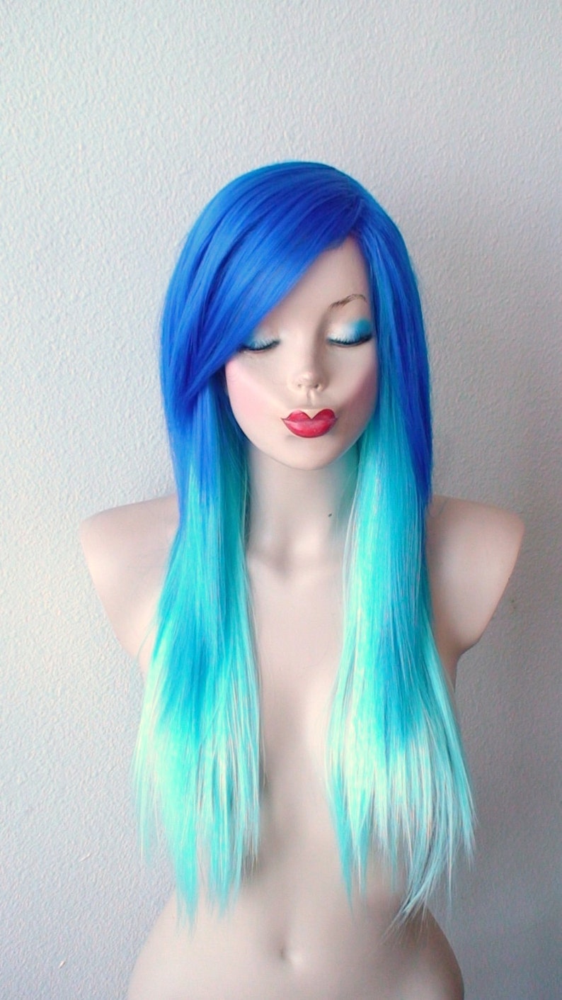 Blue wig. Ombre wig. Electric blue/ Teal /Mint wig. Long Etsy