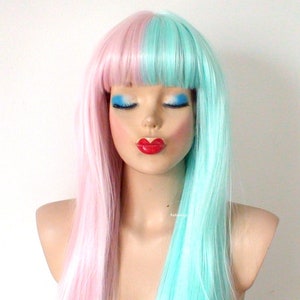 Pastel Pink Mint side by side wig. 28 Straight layered hair with bangs wig. Heat friendly synthetic hair wig. image 1