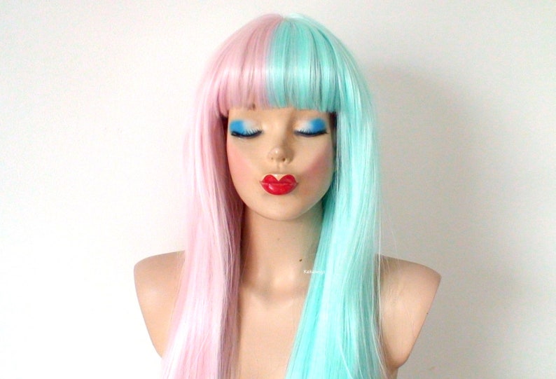 Pastel Pink Mint side by side wig. 28 Straight layered hair with bangs wig. Heat friendly synthetic hair wig. image 1