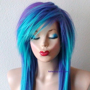 Scene wig. Purple teal ombre wig. Straight layered hair side bangs wig. Heat Frindly synthetic hair wig.