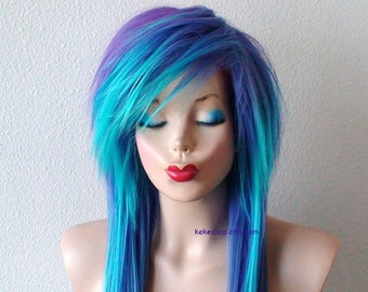 Scene wig. Purple teal ombre wig. Straight layered hair side bangs wig. Heat Frindly synthetic hair wig.