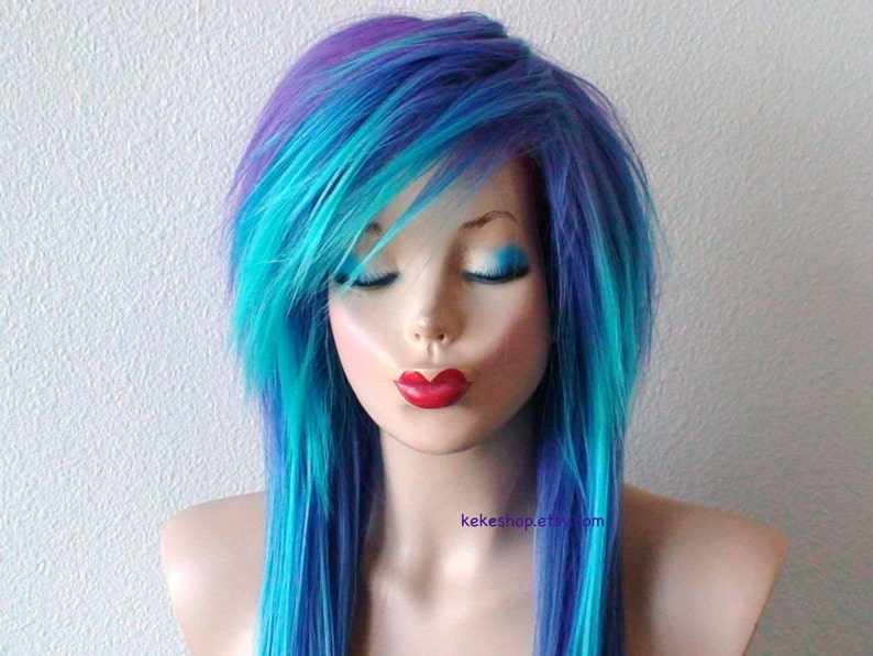 Scene wig. Purple teal ombre wig. Straight layered hair side bangs wig. Heat Frindly synthetic hair wig. image 1