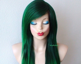 Green Ombre Wig: 28" Layered Synthetic Hair with Bangs