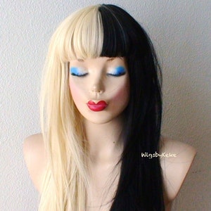 Blonde Black side by side wig. 30" Straight layered hair with bangs wig. Heat friendly synthetic hair wig.