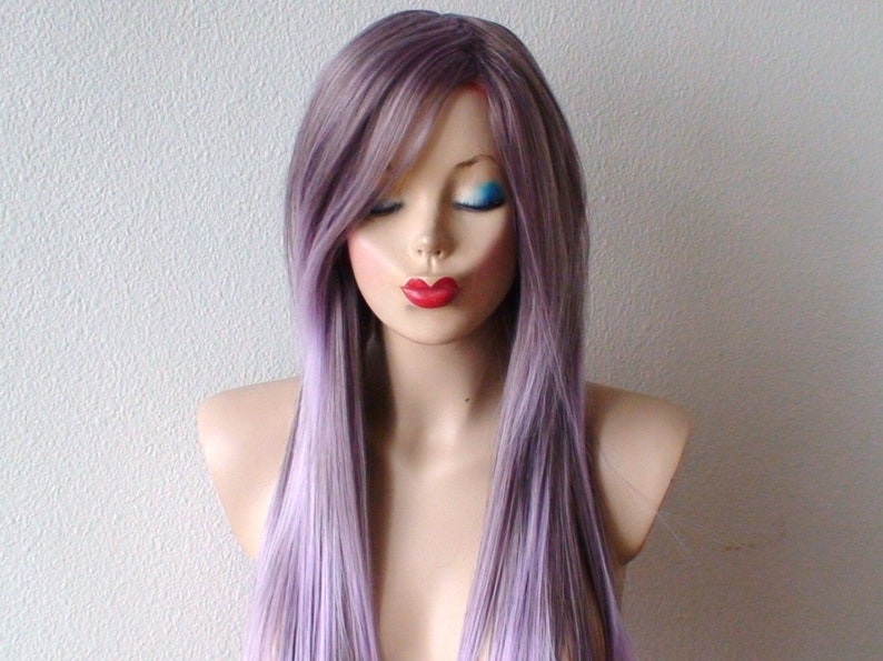 Pastel Lavender Ombre wig. 28 Straight hair long side bangs wig. Heat friendly synthetic hair wig image 2