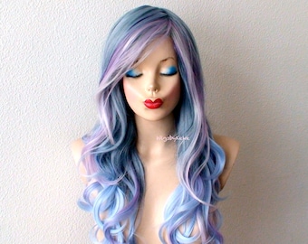 Pastel Ombre wig. 26" Curly hair side bangs wig. Heat friendly synthetic wig.