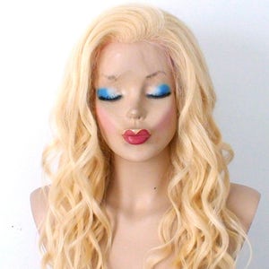 Human hair wig. Lace front  wig. Blonde wig. Wavy hair side bangs wig.