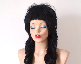 Black wig. 24" Wavy layered hair with short bangs wig. Cosplay wig.