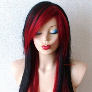 Black /Wine Red wig. 28" Straight layered hair side bangs wig. Heat friendly synthetic hair wig.