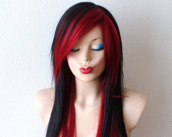 Black /Wine Red wig. 28" Straight layered hair side bangs wig. Heat friendly synthetic hair wig.