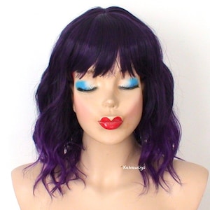Purple Ombre wig. 16&quot; Wavy hair wig with bangs. Heat friendly synthetic hair wig.