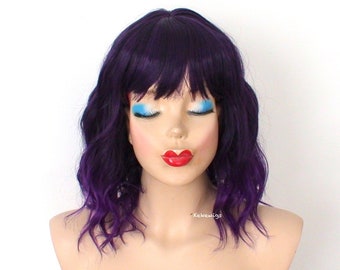 Purple Ombre wig. 16" Wavy hair wig with bangs. Heat friendly synthetic hair wig.