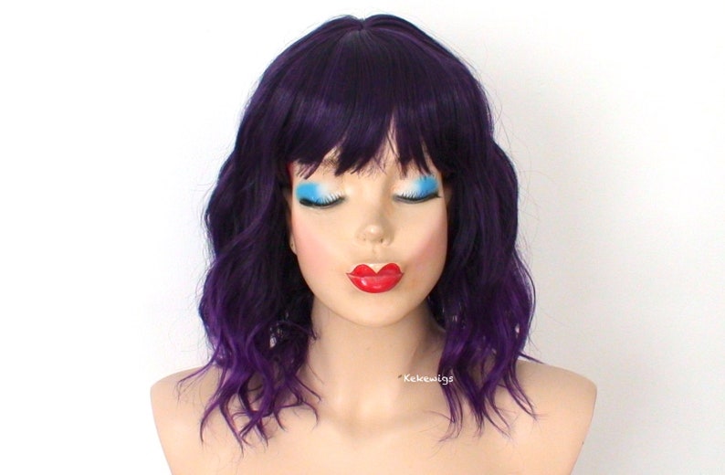 Purple Ombre wig. 16 Wavy hair wig with bangs. Heat friendly synthetic hair wig. image 1