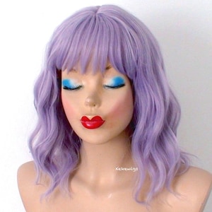 Pastel smoky lavender wig. Short wig. Beach wave hair with bangs wig for women.
