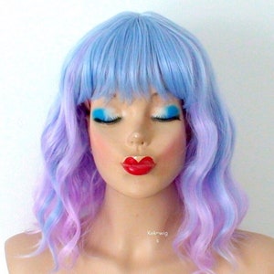Pastel Blue Lavender Ombre wig. 16&quot; Wavy wig with bangs. Cosplay wig.