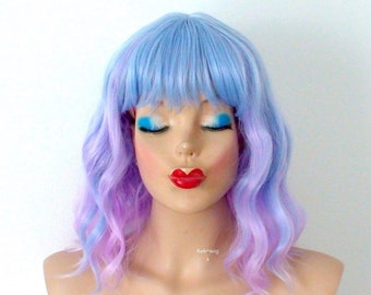 Pastel Blue Lavender Ombre wig. 16" Wavy wig with bangs. Cosplay wig.