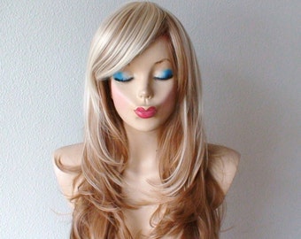 Brown Blonde Ombre wig. 26" Curly hair side bangs wig. Heat friendly synthetic hair wig