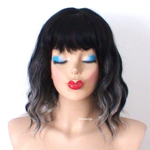 Black gray Ombre wig. 16” Wavy wig with bangs. Heat friendly synthetic hair wig.