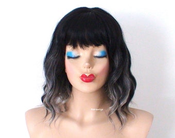 Black gray Ombre wig. 16” Wavy wig with bangs. Heat friendly synthetic hair wig.