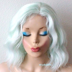 Pastel Mint wig. 16&quot; Wavy hair swig. Heat friendly synthetic hair wig.