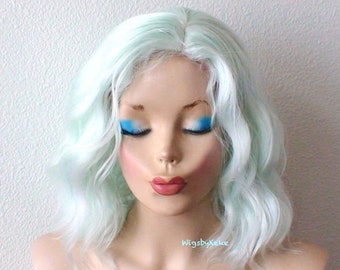 Pastel Mint wig. 16" Wavy hair swig. Heat friendly synthetic hair wig.