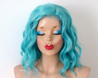 Turquoise blue wig. 16" Wavy hair wig. Heat friendly synthetic hair wig.