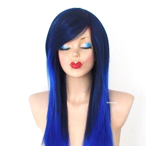 Blue Ombre wig. 28&quot; Straight hair side bangs wig. Heat friendly synthetic hair wig.