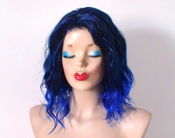 Blue ombre wig. 16" Wavy hair wig. Heat friendly synthetic hair wig.