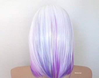 White Lavender Ombre wig. 16" Straight hair side bangs wig. Heat friendly synthetic hair wig.