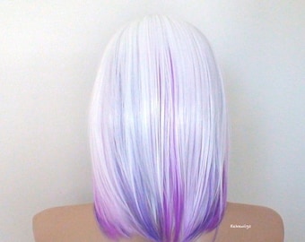 16" White Lavender Ombre Wig: Straight Synthetic Hair with Bangs