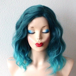 Pastel Teal Ombre wig. 16&quot; Wavy hair wig. Heat friendly synthetic hair wig.