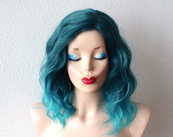 Pastel Teal Ombre wig. 16" Wavy hair wig. Heat friendly synthetic hair wig.