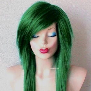Green Scene wig. 26&quot; Straight layered hair side bangs wig. Heat friendly synthetic hair wig.