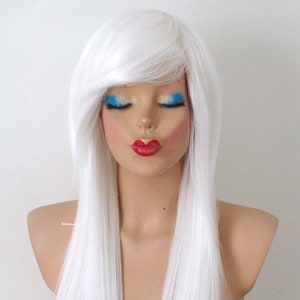 White wig. 28&quot; Straight layered hair side bangs wig. Heat-friendly synthetic hair wig.