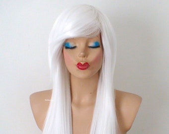 White wig. Emo wig. 28" Straight layered hair side bangs wig. Heat friendly synthetic hair wig.