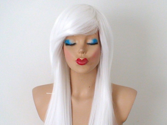 White Wig. Emo Wig. 28 Straight Layered Hair Side Bangs Wig. Heat