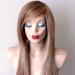 Brown /Dirty Blonde wig. 28&quot; Straight layered hair side bangs wig. Heat friendly synthetic hair wig.
