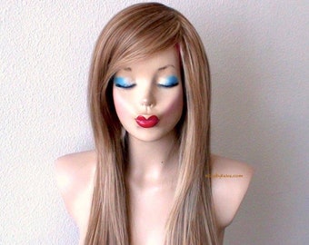 Brown /Dirty Blonde wig. 28" Straight layered hair side bangs wig. Heat friendly synthetic hair wig.
