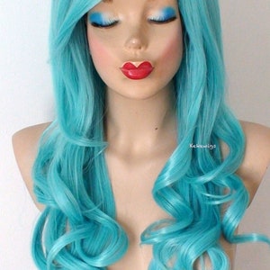 Pastel Teal Blue Mermaid hair wig. 26 Curly hair side bangs wig. Heat friendly synthetic hair wig. image 2