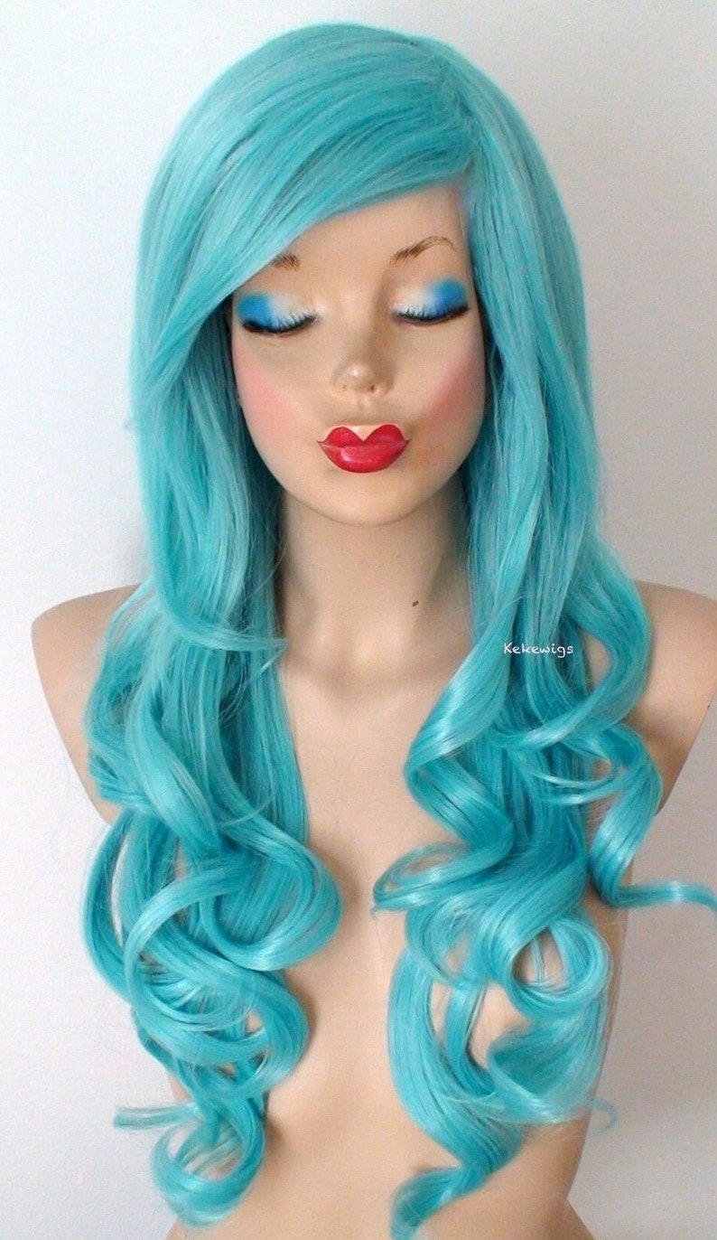 Pastel Teal Blue Mermaid hair wig. 26 Curly hair side bangs wig. Heat friendly synthetic hair wig. image 2